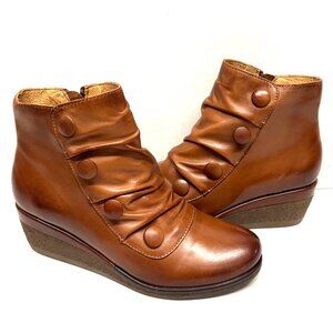 MIZ MOOZ RUCHED LEATHER WEDGE BOOTIE SIDE ZIPPER BRANDY 37EU / 7US NEW # Z-201